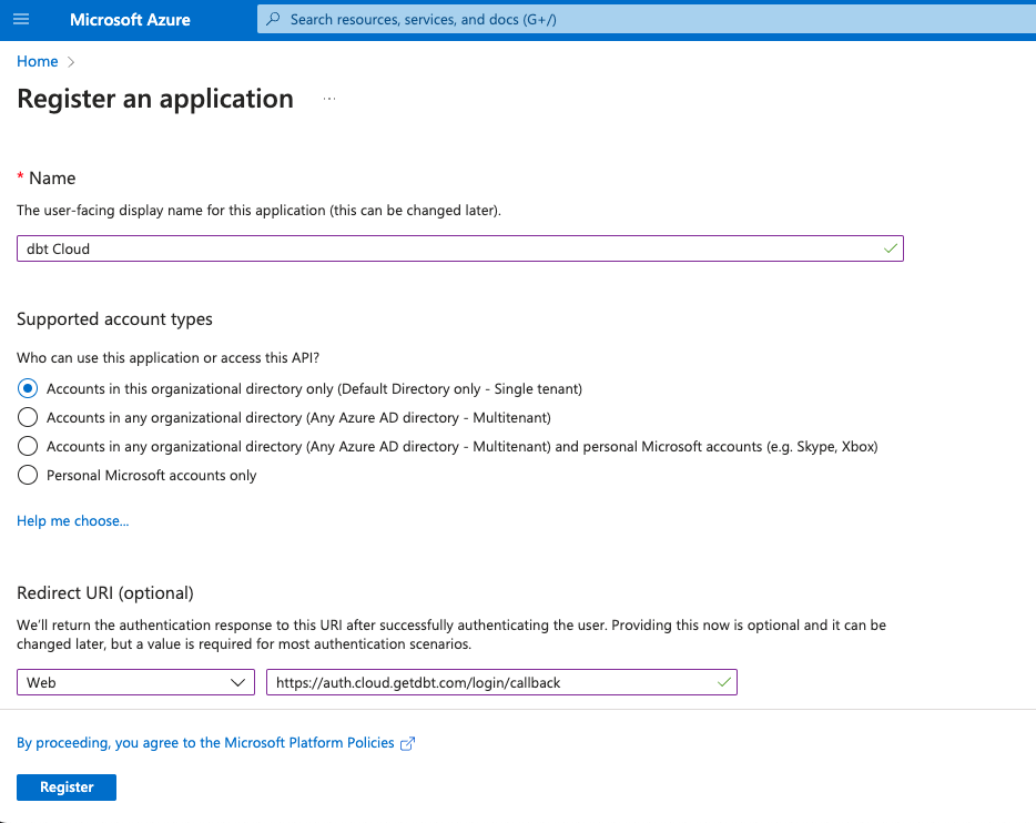 Configuring a new app registration